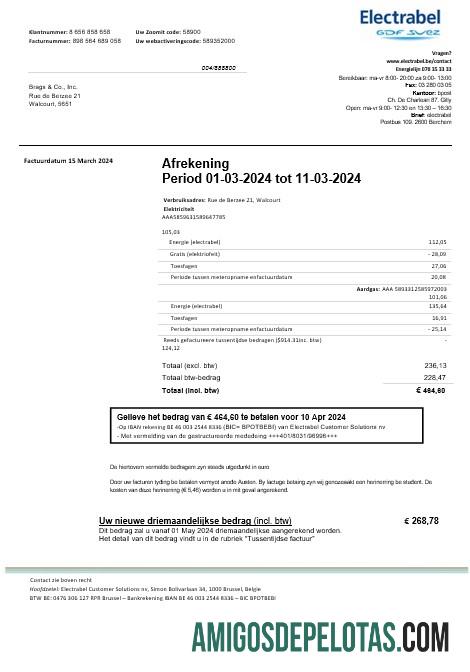 imprimível Modelo de conta de serviço público de eletricidade Electrabel da Bélgica, totalmente editável em formato Word e PDF